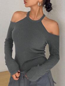 DAZY Women's Casual Everyday Commute Simple Solid Ribbed Cold Shoulder Long Sleeve Fitted T-Shirt, Spring/Autumn - Grey - View 3