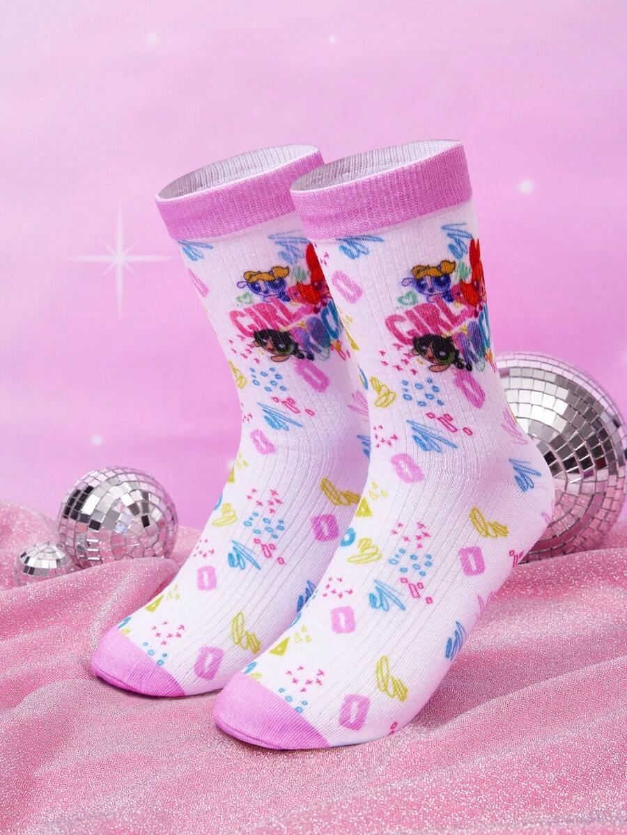 THE POWERPUFF GIRLS X SHEIN 2 Pairs Cute Cartoon Pattern Women's Mid-Calf Cotton Socks, Casual And Suitable For Daily Wear