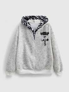 ROMWE Grunge Punk Street Fashion Zebra, Skull, Cross, English Embroidery 2 In 1 Loose Women Sweatshirt - White - View 1