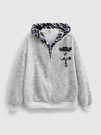 Grunge Punk Felpa oversize da donna con stampe di moda di strada, come zebre, teschi, croci e ricami in inglese