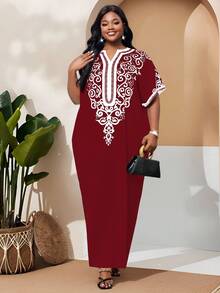 SHEIN Lady 大码V领印花优雅短袖连衣裙 - 酒紅色 - 查看 4