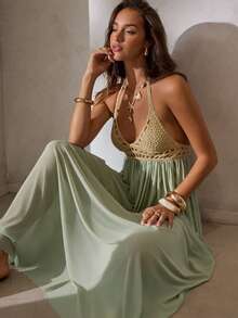 Aloruh Vestido elegante y sexy con escote en V profundo, hecho de ganchillo y parches de malla, para mujer. Ideal para vacaciones, atuendo de playa y vestidos de verano en color verde salvia para mujer. - Caqui - Ver 3