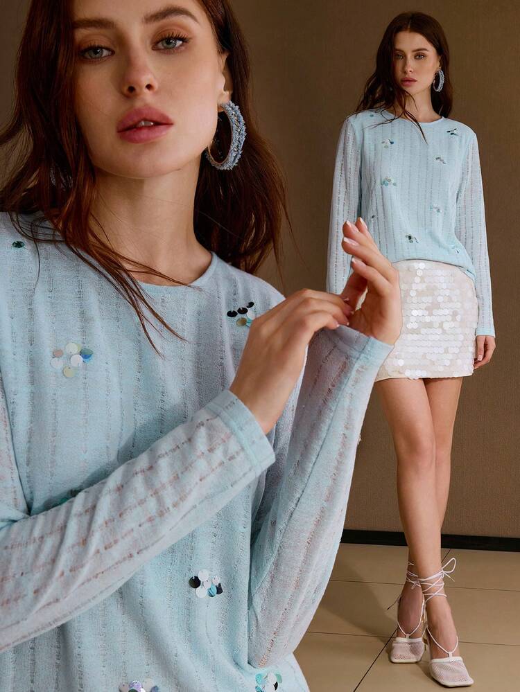 SOLID CONTRAST SEQUIN RIBBED KNIT TOP