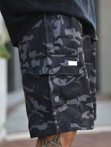 Devon Thys Pantalones cortos cargo clásicos, pantalones cortos cargo casuales con estampado, multicasillas, con cordón a la cintura, camuflaje, adecuados para uso al aire libre en verano - Negro - Ver 3