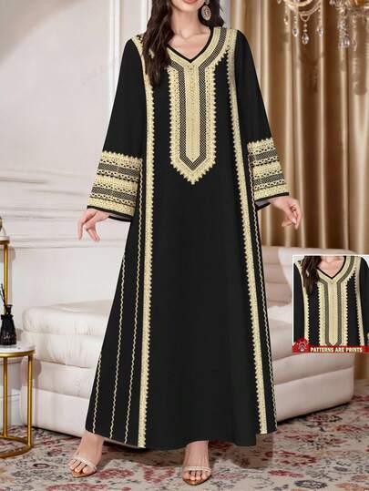 Al Najma Women's Black V-Neck Long Sleeve Flared Hem Elegant Comfortable Printed Dress, Delicate Floral Pattern Print, Conservative Dress, Polyester Material, Suitable For Home, Outings, Holidays, Parties. Dress, Flowing Dress, Vintage Dress, Black Dress, Black Long Sleeve Dress. Women's Dress