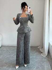 Modelyn Ensemble femme élégant composé d'un Top à manches longues avec épaules matelassées, col en U, perles, taille froncée et faux poches, en tweed gris, et d'un pantalon droit, pour l'automne - Gris - Voir 3