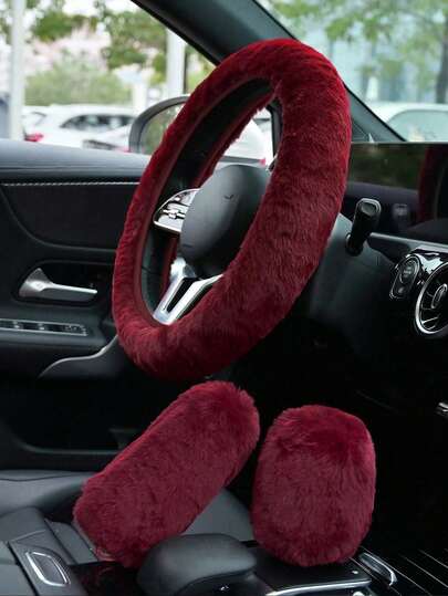 1 Set Of Car Steering Wheel Cover, Gear Shift Knob Cover And Handbrake Cover, Winter Warm Plush Material, Elastic Fit, Universal For Auto Interior Accessories