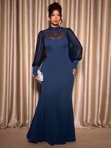 Cravure Abito elegante a coste verticali semi-trasparenti con maniche e collo alto, aderente, per donna taglia comoda, autunnale - Blu Navy - Visualizzare 4