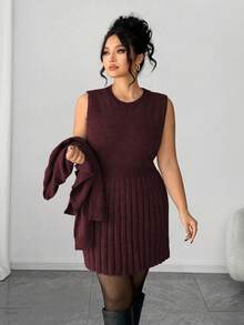 Elenzga Women's Elegant Sleeveless Dress With Long Sleeve Cardigan, Loose Fit Plus Size Knit Set, Outerwear Outfit, Winter Suit - Burgundy - View 5