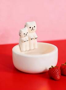 Joivida 1 件白色陶瓷情侣猫烛台，可爱桌面装饰烛台，适合节日庆祝、家庭使用、情人节、春节、情侣猫烛台