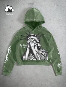 PAVTROS 男士撞色印花连帽衫 绿色图案连帽衫 纽约连帽衫 图案连帽衫 短款连帽衫 男士连帽衫 - 綠色 - 查看 3