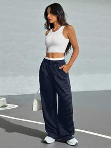 SHEIN EZwear 秋冬季女士褶裥条纹阔腿西装裤，撞色腰带设计