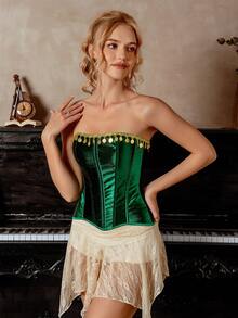 Myrelith Sequin Patchwork Design Strapless Fashionable & Elegant Shapewear Top - Dark Green - View 3