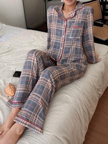 Snug Zone 格纹撞色滚边翻领上衣和裤子睡衣套装，冬季服装 - 彩色 - 查看 3