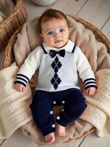 Newborn Baby Casual Fashion Cute Diamond Pattern White, Gray, Navy Blue Knitted Striped Bodysuit, Soft & Comfortable, Suitable For Daily, Outdoor, Travel, Holiday, Home, Daycare, Playtime, Autumn/Winter, Christmas, Back To School, Party, All-Match Airplane Captain Outfit For Baby Boy Knitted Baby Boy Outfit Baby Boy Sweater Set Sapphire Suit For Baby Boy Baby Sailor Navy Outfit Argyle Baby Boy Outfit Baby Boy Argyle Sweater Baby Boy Navy Suit Baby Sweater Baby Boy Argyle Outfit - Royal Blue - View 2