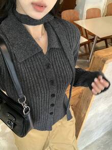DAZY Cárdigan de punto casual de un solo pecho de unicolor y manga larga para mujer - Gris - Ver 4