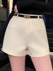 DAZY 女士加厚白色仿羊毛混纺商务休闲办公短裤，带口袋，直筒版型，秋冬季