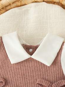 SHEIN Bộ 2 món/Bộ trang phục thường ngày cho bé gái sơ sinh, áo cổ bẻ nhiều màu và quần len rộng rãi - Bụi hồng - Xem 8