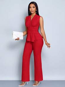 SOLERSUN 女士杏色优雅V领长袖T恤阔腿裤两件套不对称下摆两件套日常休闲女士春夏无袖短袖 - 紅色 - 查看 6