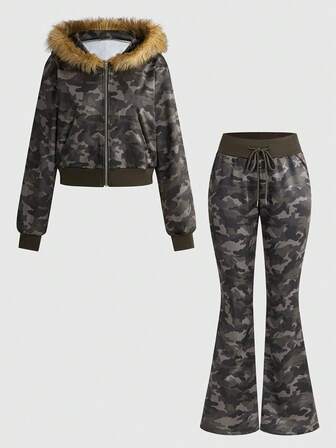 Grunge Punk Ensemble 2 pièces de sweat-shirt à capuche et pantalon de jogging imprimé camouflage Y2K pour femmes