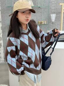 DAZY Girls' Retro V-Neck Argyle Patchwork Pullover Sweater, Fashion School Style - Coffee Brown - View 2