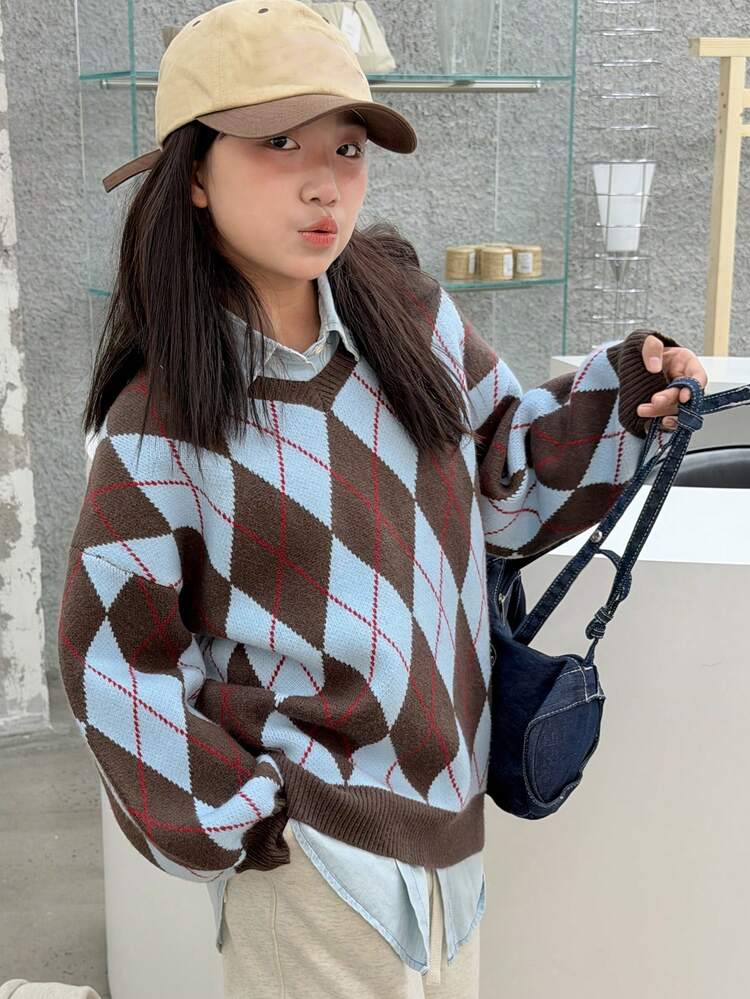 Girls' Retro V-Neck Argyle Patchwork Pullover Sweater, Fashion School Style