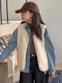 DAZY Tween Girls Crew Neck Fleece Vest Jacket - Beige - View 3