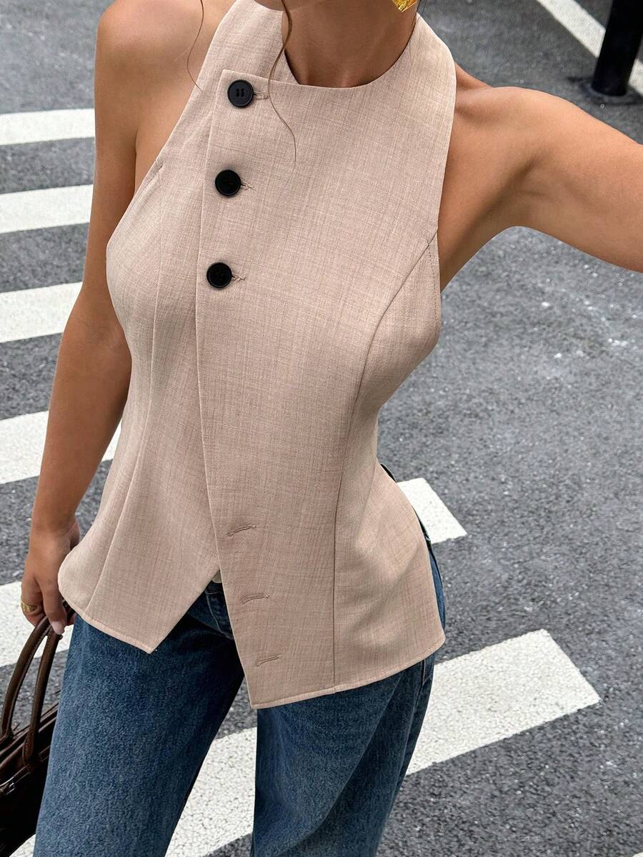 Siren Gaze Women's Women's Fashionable Sexy Front Button Backless Halter Top Women Vest Light Brown Top Elegant Top - Apricot - View 1