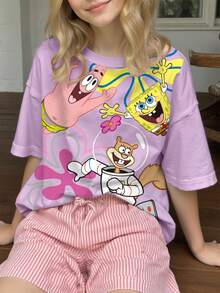 SpongeBob SquarePants | SHEIN Tween Girl Casual Cartoon Graphic Round Neck Short Sleeve T-Shirt, Summer - White - View 1