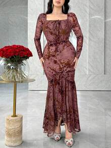 Modelyn Women's Solid Color Square Neck Fitted Elegant Long Sleeve Dress - Pink - View 2