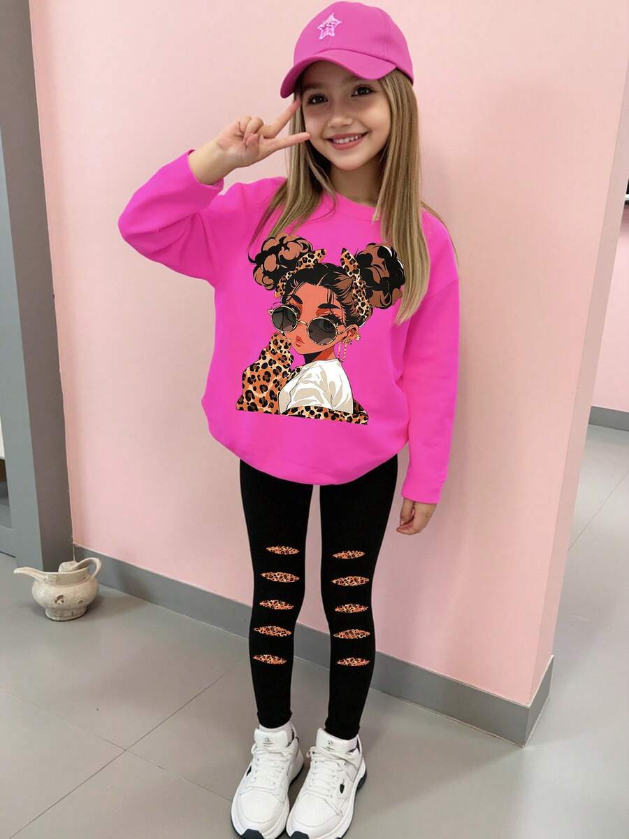SHEIN 女童可爱女孩剪影时尚印花休闲长袖T恤和紧身裤套装 - 彩色 - 查看 1