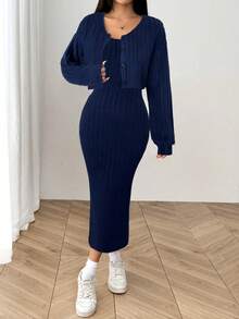 SHEIN EZwear Women's New Autumn Ribbed Knit Drop Shoulder Button Front Jacket And Bodycon Mid-Length Dress Set Knit Two Piece Set Two Piece Set Women Comfy Two Piece Lounge Set 2 Piece Casual Sets Woman Comfortable Two Piece Set - Navy Blue - View 4