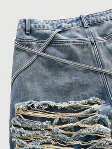 ROMWE MEN Street Life Men's Distressed Denim 3/4 Length Blue Shorts - Blue - View 6