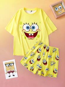 SpongeBob SquarePants | SHEIN Women's Cute Cartoon Pattern Loose Fit Batwing Top And Shorts Pajama Set, Summer