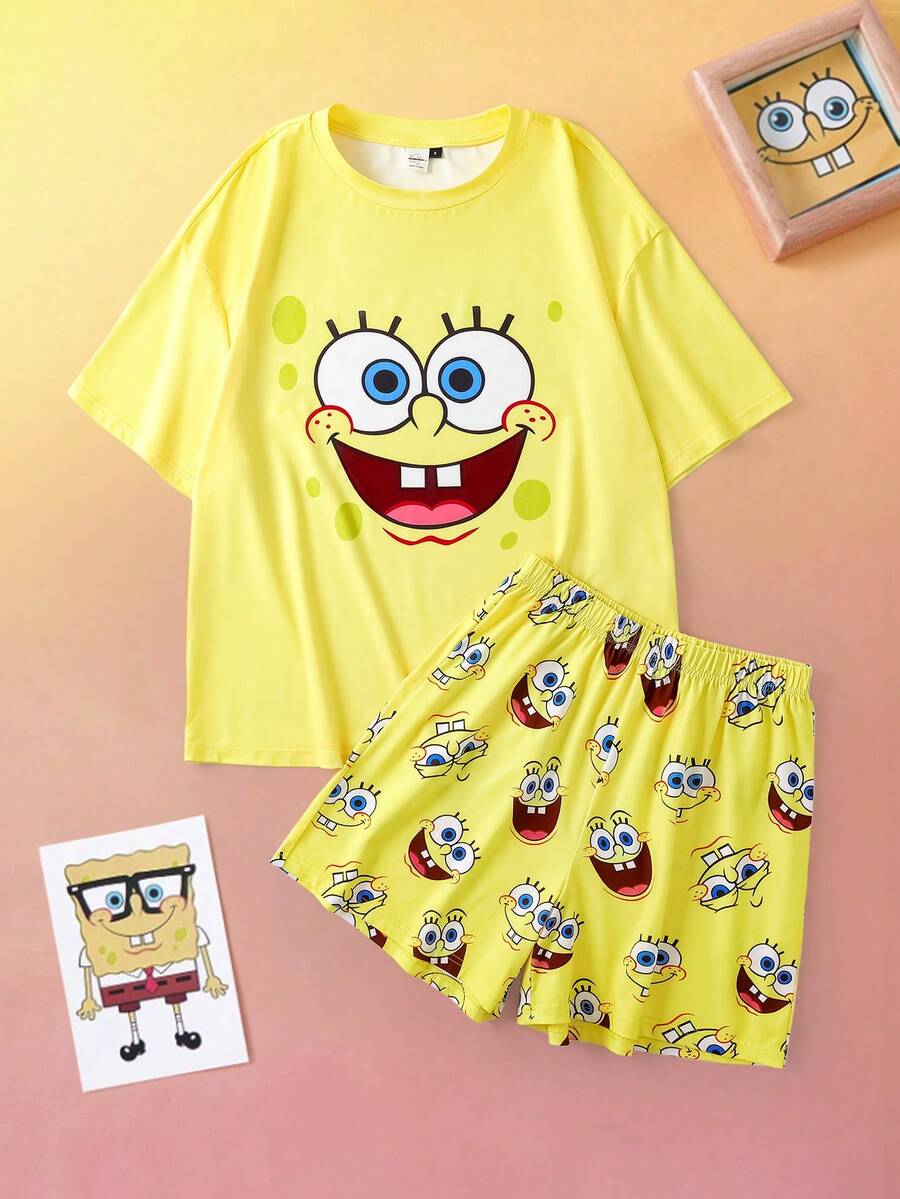 SpongeBob SquarePants | SHEIN Women's Cute Cartoon Pattern Loose Fit Batwing Top And Shorts Pajama Set, Summer