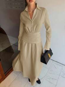 Siren Gaze 2025秋季女装新品必备——复古风纽扣衬衫裙，长袖，棉麻混纺，透气舒适，有内衬，不透光，优雅通勤装，适合商务休闲、工作、教师、日常穿着，也是秋季婚礼宾客和夜间外出的完美之选，2025秋季时尚必备单品 - 卡其色 - 查看 2