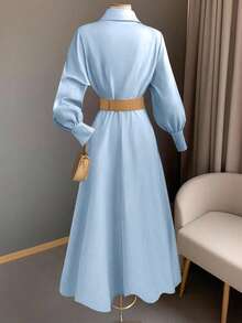 Franclia 女士优雅灯笼袖前开襟荷叶边下摆时尚连衣裙 - 藍色 - 查看 2