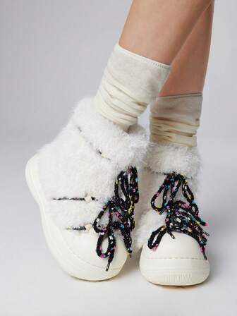 Kawaii Women's Winter Lace-Up Design Patchwork Faux Fur Casual Short Boots For Daily Wear
