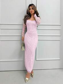 Jemour 女式新款夏季派对约会晚会性感S型蕾丝长袖胸罩鱼骨方领紧身黑色长裙 - 粉色 - 查看 5