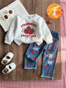 SHEIN 女童甜美草莓印花圆领长袖上衣搭配经典牛仔裤套装，可爱风格，适合公园、学校、与朋友外出以及日常穿着。 - 彩色 - 查看 1