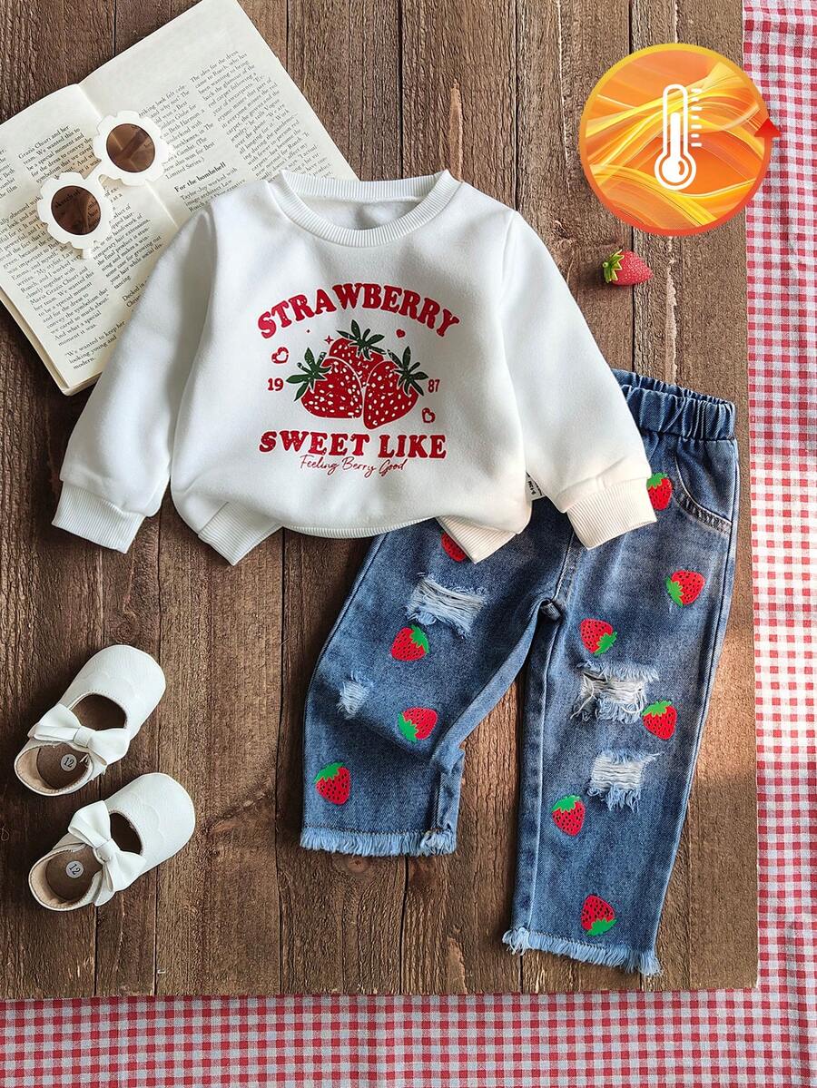 SHEIN 女童甜美草莓印花圆领长袖上衣搭配经典牛仔裤套装，可爱风格，适合公园、学校、与朋友外出以及日常穿着。 - 彩色 - 查看 1