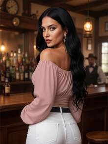 Blusa Campesina Ajustada de Manga Larga con Hombros Descubiertos y Detalle Cruzado Sensual para Mujer - Rosa Pálido - Ver 2