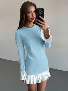 Aloruh Women's Elegant Commuter Color Block Pleated Flare Sleeve Midi Dress - Baby Blue - View 6