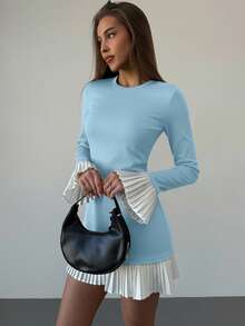 Aloruh Women's Elegant Commuter Color Block Pleated Flare Sleeve Midi Dress - Baby Blue - View 7