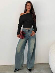 Aloruh Áo crop top dáng ôm, màu trơn tối giản, cổ bẻ, không đối xứng, thoải mái khi đi làm cho nữ, mùa xuân/thu - màu đen - Xem 3