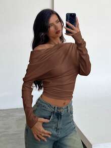 Aloruh Áo thun nữ dáng rộng bất đối xứng, áo thun trơn màu thắt nút xoắn, mặc đi làm hàng ngày và mặc ở nhà, áo thun dệt kim dài tay họa tiết lưới hoa - màu nâu - Xem 7