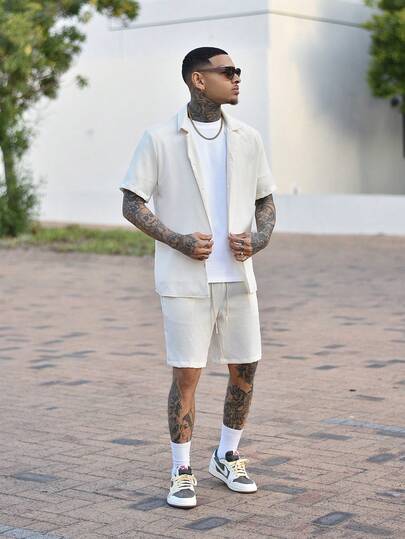 Devon Thys Herren 2er Set Mode bestickte Marken Streetwear locker sitzende Kurzarmhemd und lässige Hose, passendes Paar-Outfit geeignet für Ehemann/Freund, Strandurlaub, gemütliche Outfits