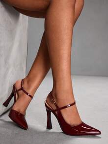 CUCCOO SZL 女士尖头搭扣设计时尚高跟鞋，适合日常穿着 - 酒紅色 - 查看 6