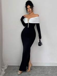 SHEIN Elenzya 女士优雅黑色露肩珍珠装饰连衣裙，适合日常穿着、婚礼、晚宴、通勤、毕业典礼、节日、约会、派对、万圣节、圣诞节、新年、感恩节等场合。 - 黑色 - 查看 6