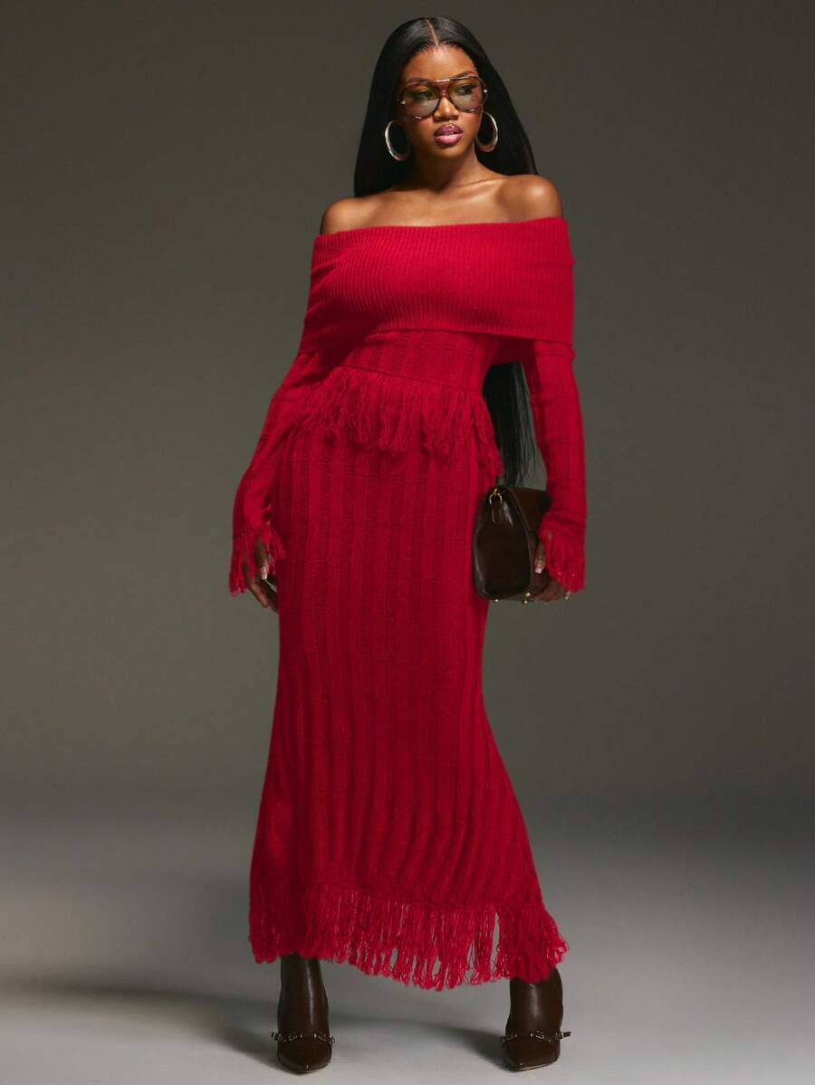 NYA SZN Dress Knit Fringe Bold Sexy Classy ModestY2K Vintage Look Suitable For Commuting Oufits For Women - Red - View 1